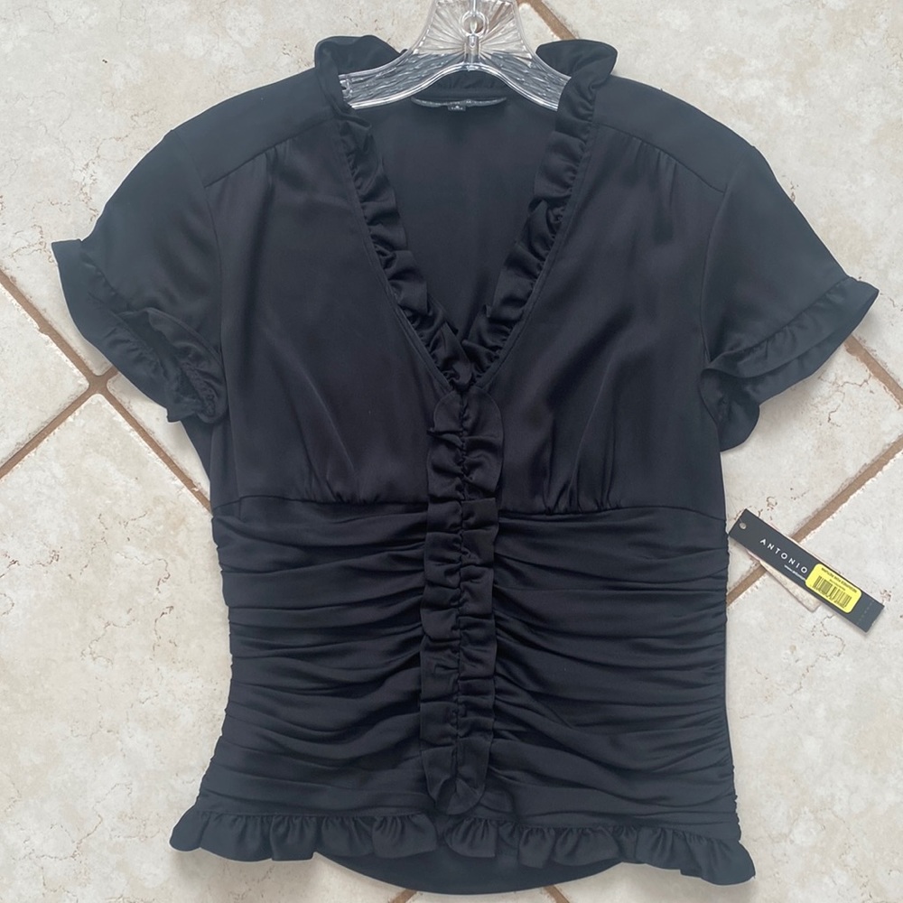 Antonio Melani silk spandex small black ruffle blouse New